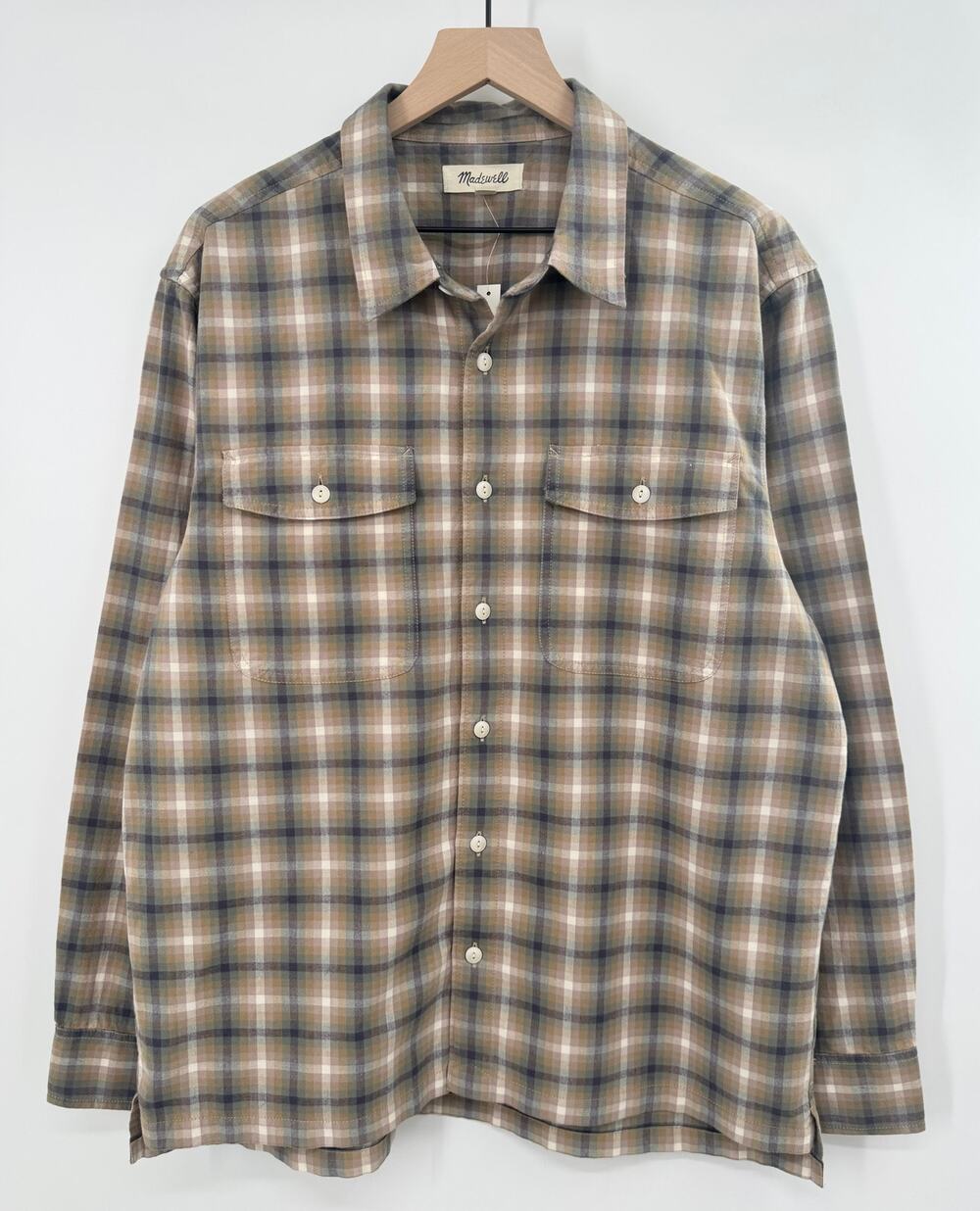 Madewell Mens Brushed Boxy Plaid Shirt Taupe Check Button Down Utility M NWT